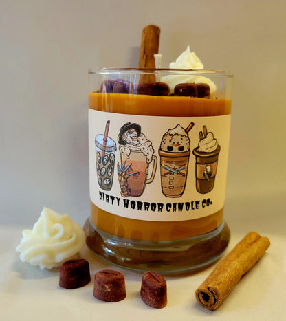 Spooky Mocha (Large 12oz)          Ingredients: Soy wax, scent, cinnamon stick, coffee grounds.                                       Scent: Mocha, pumpkin spice, salted caramel.